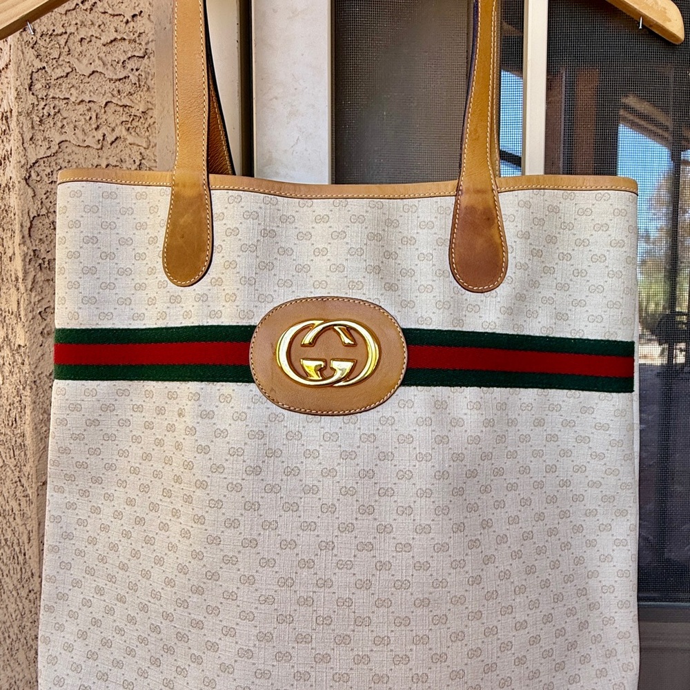 Gucci Cream and Brown Tote with Green and Red Stripe